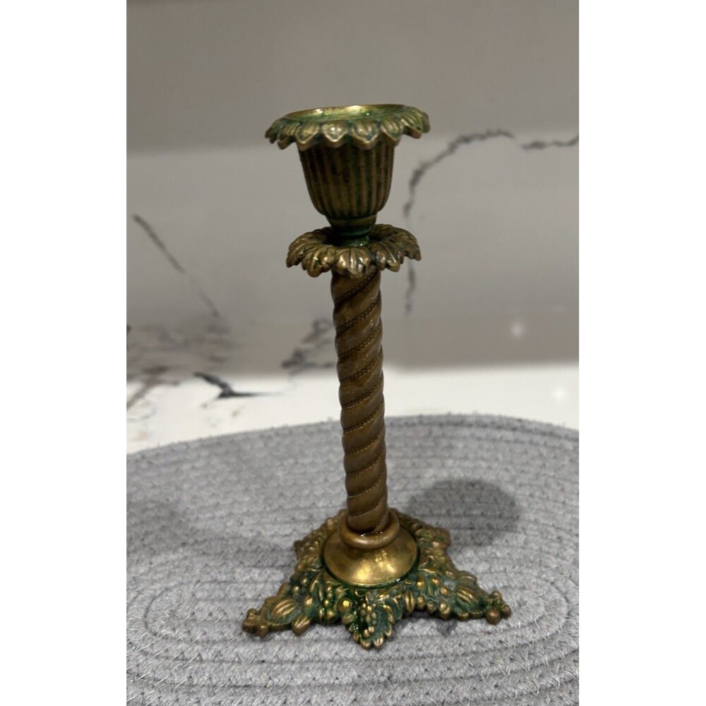 Antique Brass Candlestick Unique 3 Footed Leaf Topped With Spiral Centers